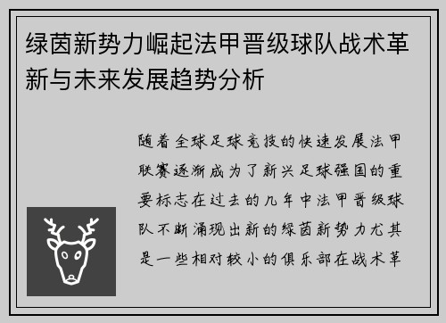 绿茵新势力崛起法甲晋级球队战术革新与未来发展趋势分析