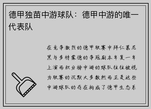 德甲独苗中游球队：德甲中游的唯一代表队