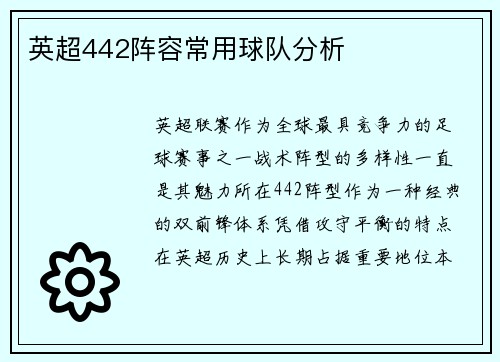 英超442阵容常用球队分析
