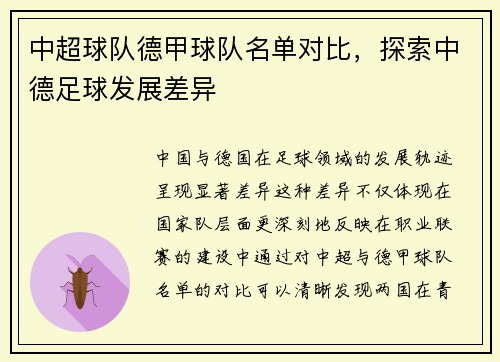 中超球队德甲球队名单对比，探索中德足球发展差异